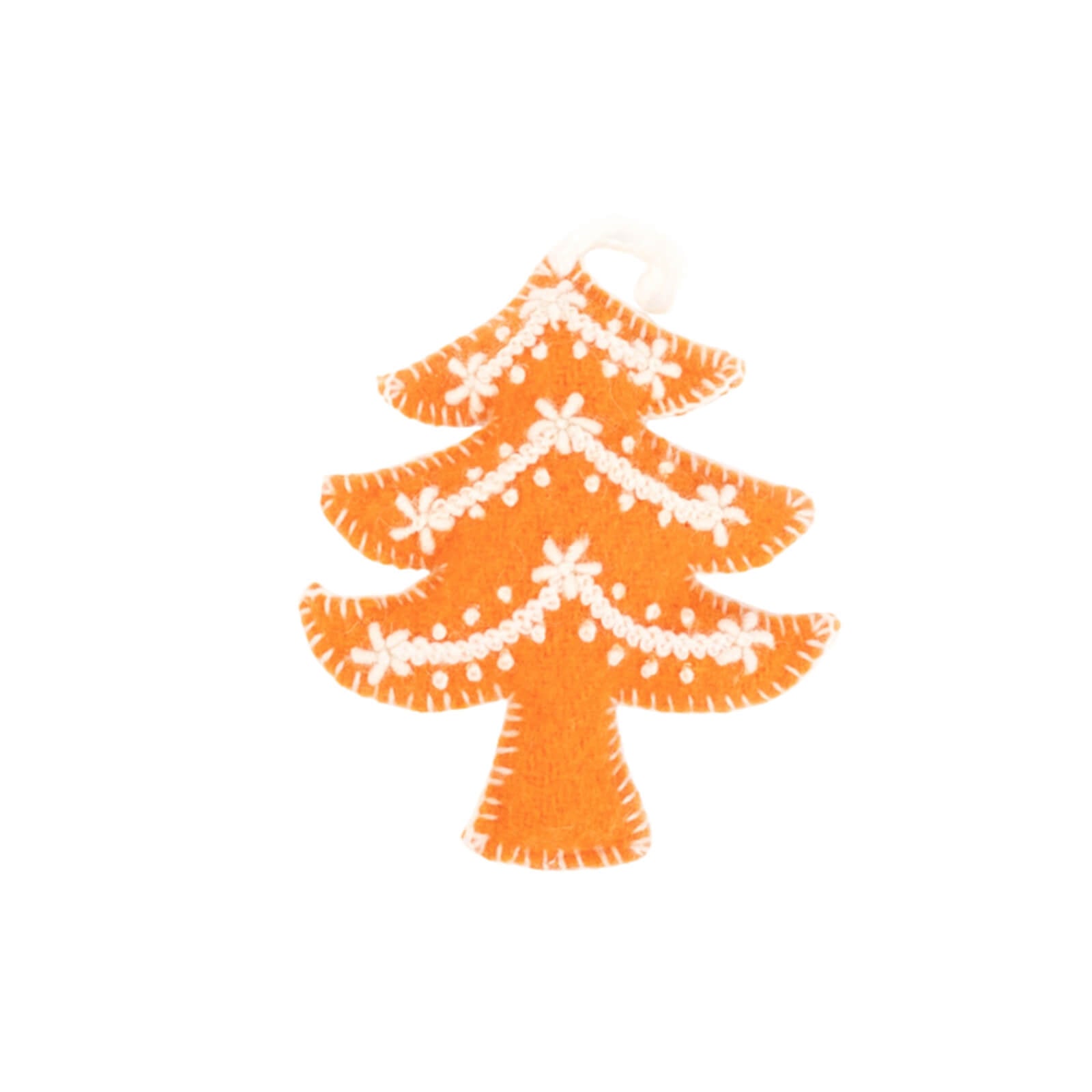 Decorative orange Christmas tree with white snowflakes on a white background