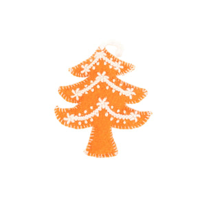 Decorative orange Christmas tree with white snowflakes on a white background