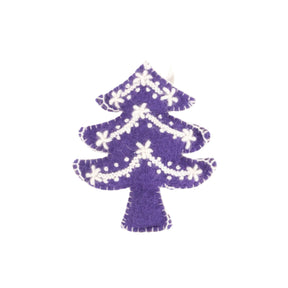 Purple Christmas tree ornament with white snowflakes on a white background