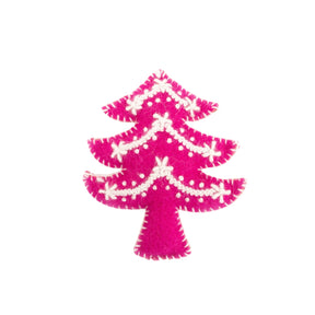 Pink Christmas tree ornament with white decorations on a white background