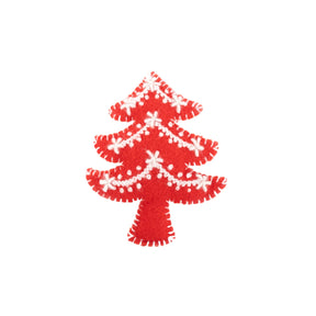 Red and white Christmas tree ornament on a white background