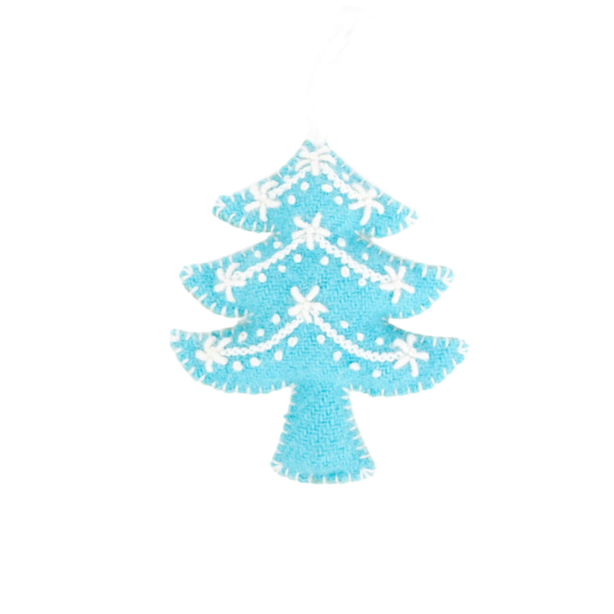Blue Christmas tree-shaped cutout with white snowflake patterns on a white background
