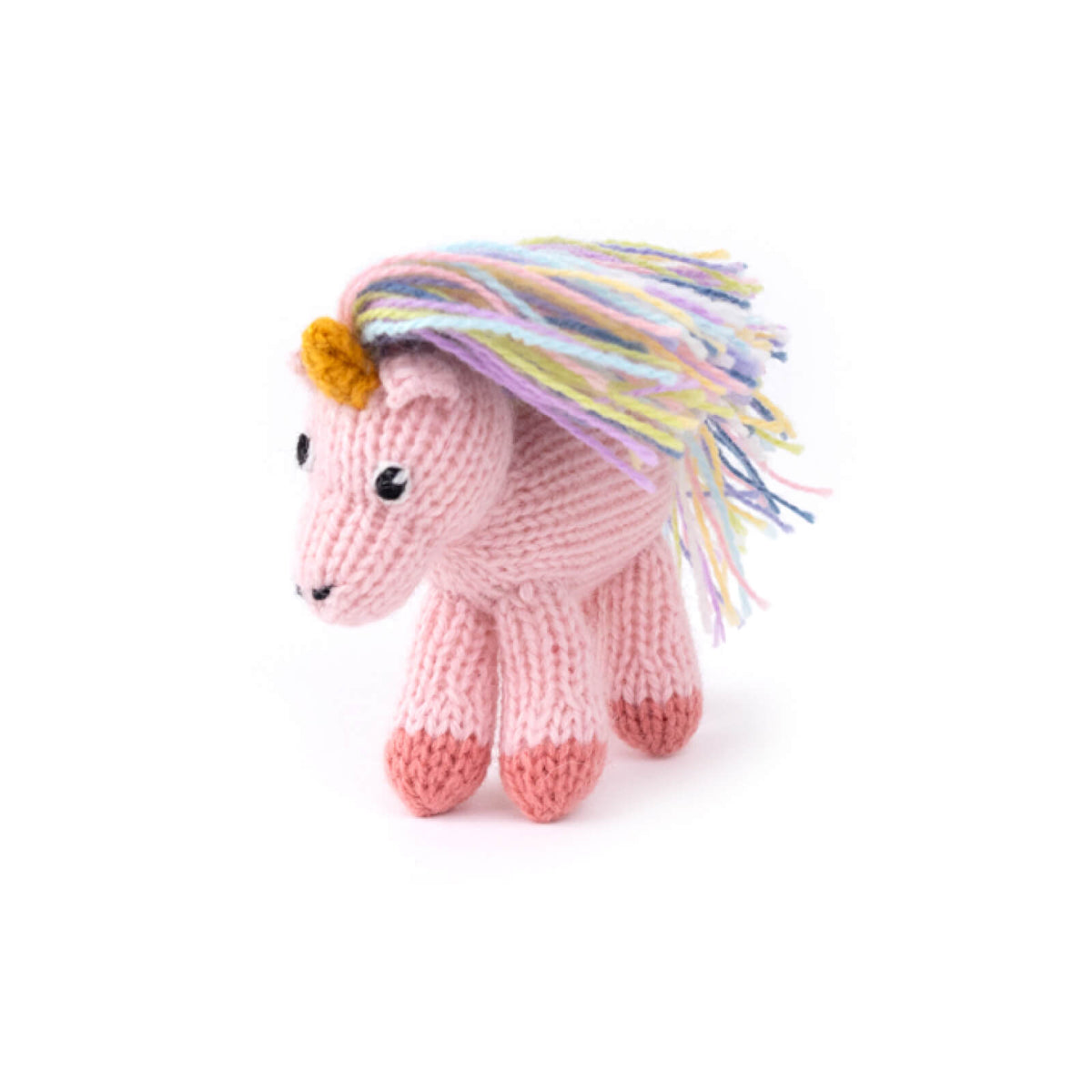 Knitted unicorn toy with colorful hair on a white background