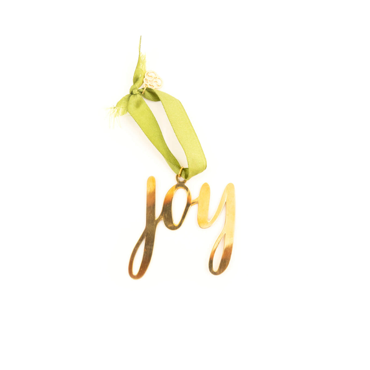 Gold 'joy' ornament with a green ribbon on a white background