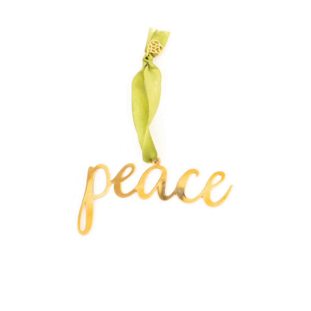Decorative sign with 'peace' and a green ribbon on a white background
