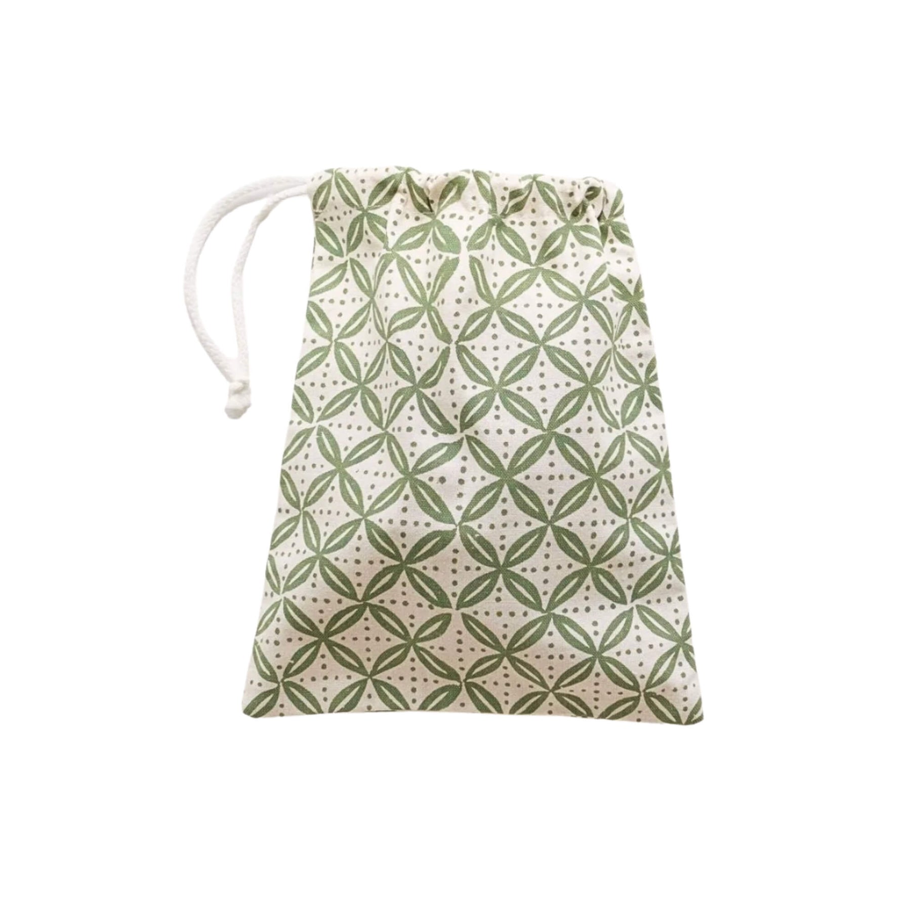Drawstring bag with green geometric pattern on a white background