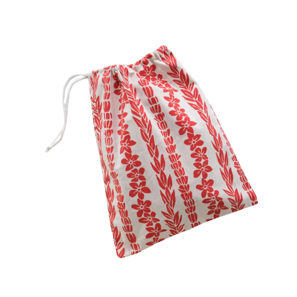 Drawstring bag with red floral pattern on white background