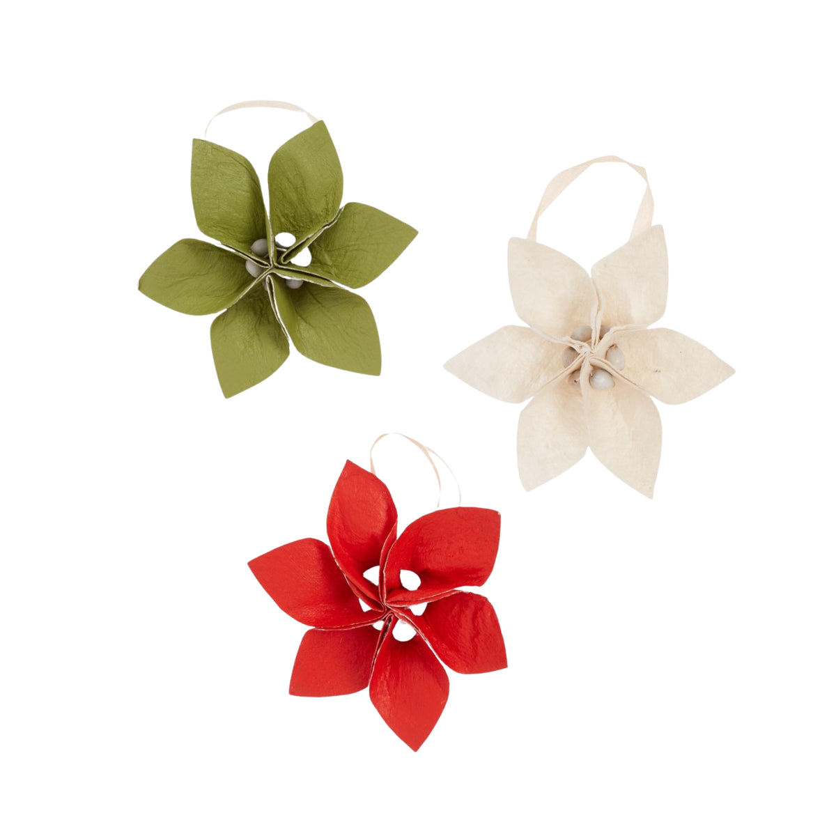 Three floral ornaments in green, red, and beige on a white background