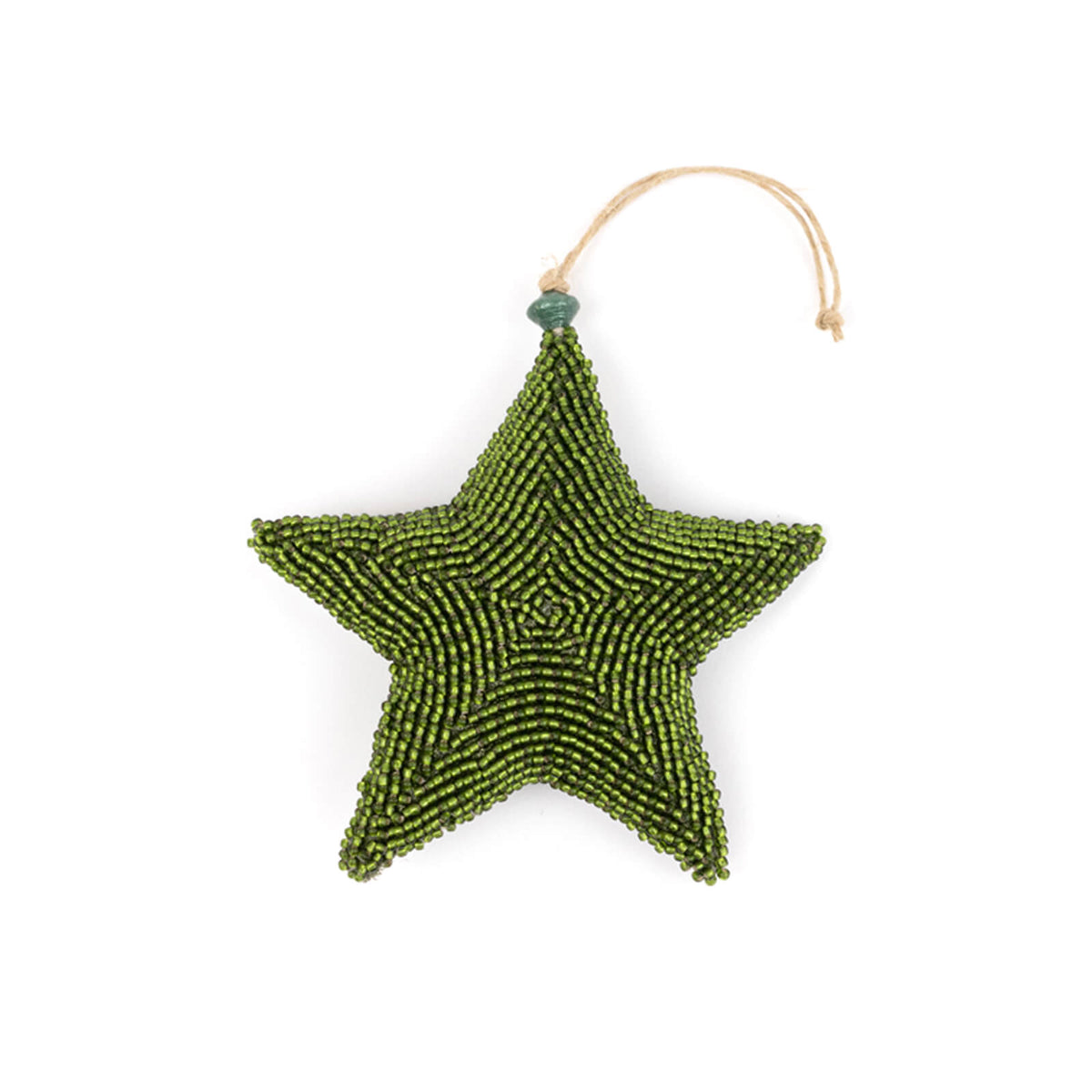 Green beaded star ornament on a white background