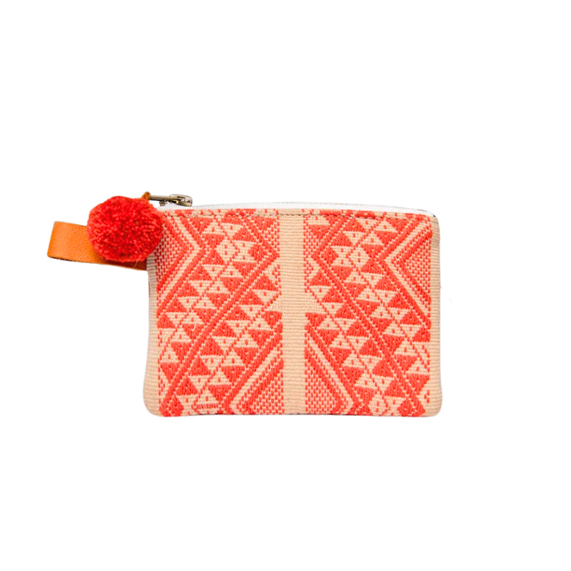 Coral Geometric Woven Cosmetic Pouch with Red Pom Pom