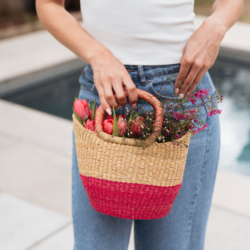Electric Fuchsia Woven Raffia Handbag