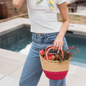Electric Fuchsia Woven Raffia Handbag