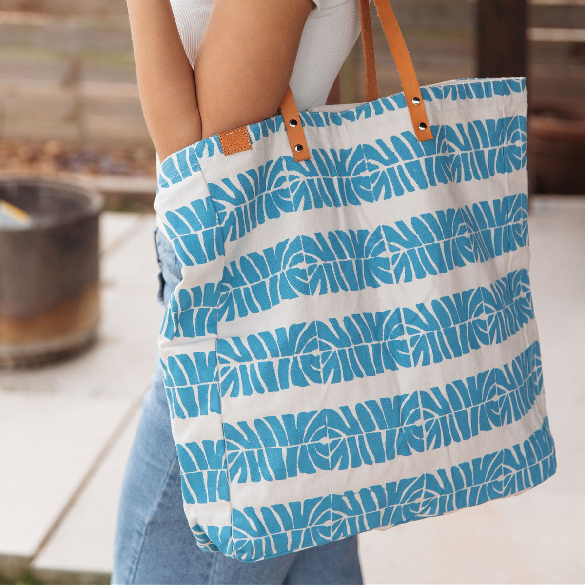 Canvas Beach Tote Bag with Leather Handles Blue