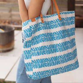 Canvas Beach Tote Bag with Leather Handles Blue