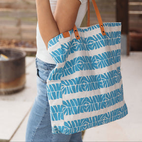 Canvas Beach Tote Bag with Leather Handles Blue