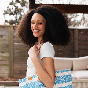 Canvas Beach Tote Bag with Leather Handles Blue
