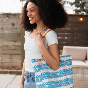 Canvas Beach Tote Bag with Leather Handles Blue
