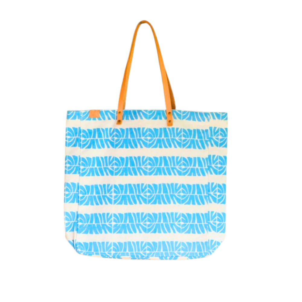 Canvas Beach Tote Bag with Leather Handles Blue