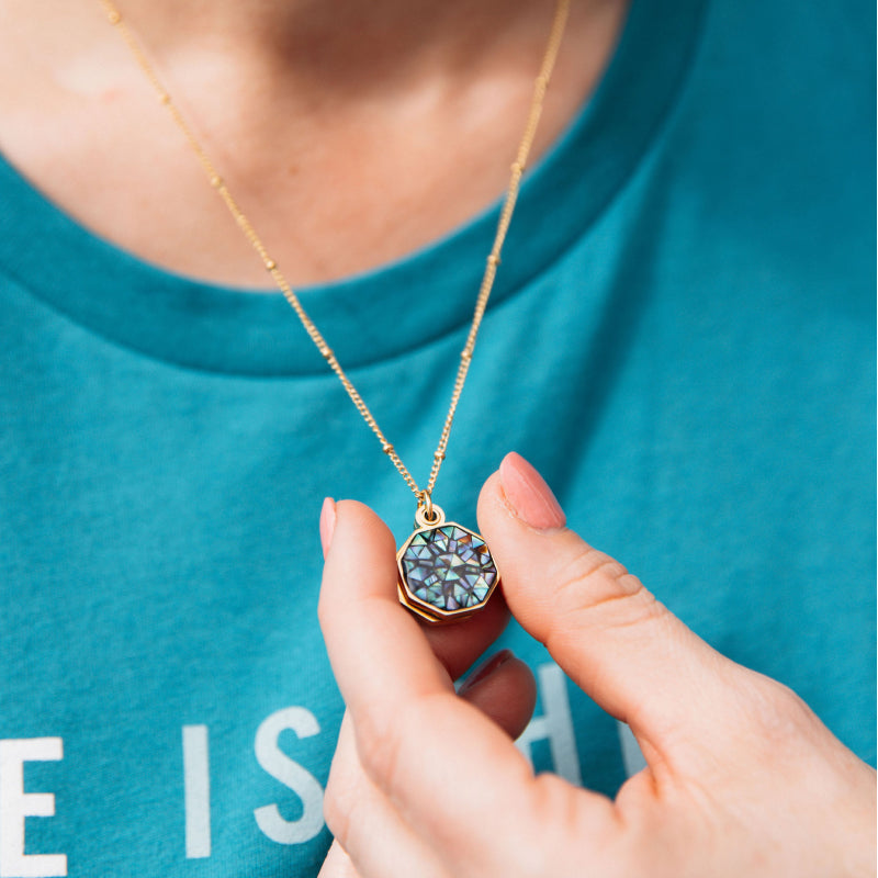 Gold-Plated Brass Reversible Locket - Mosaic Abalone Shell & Mother of Pearl