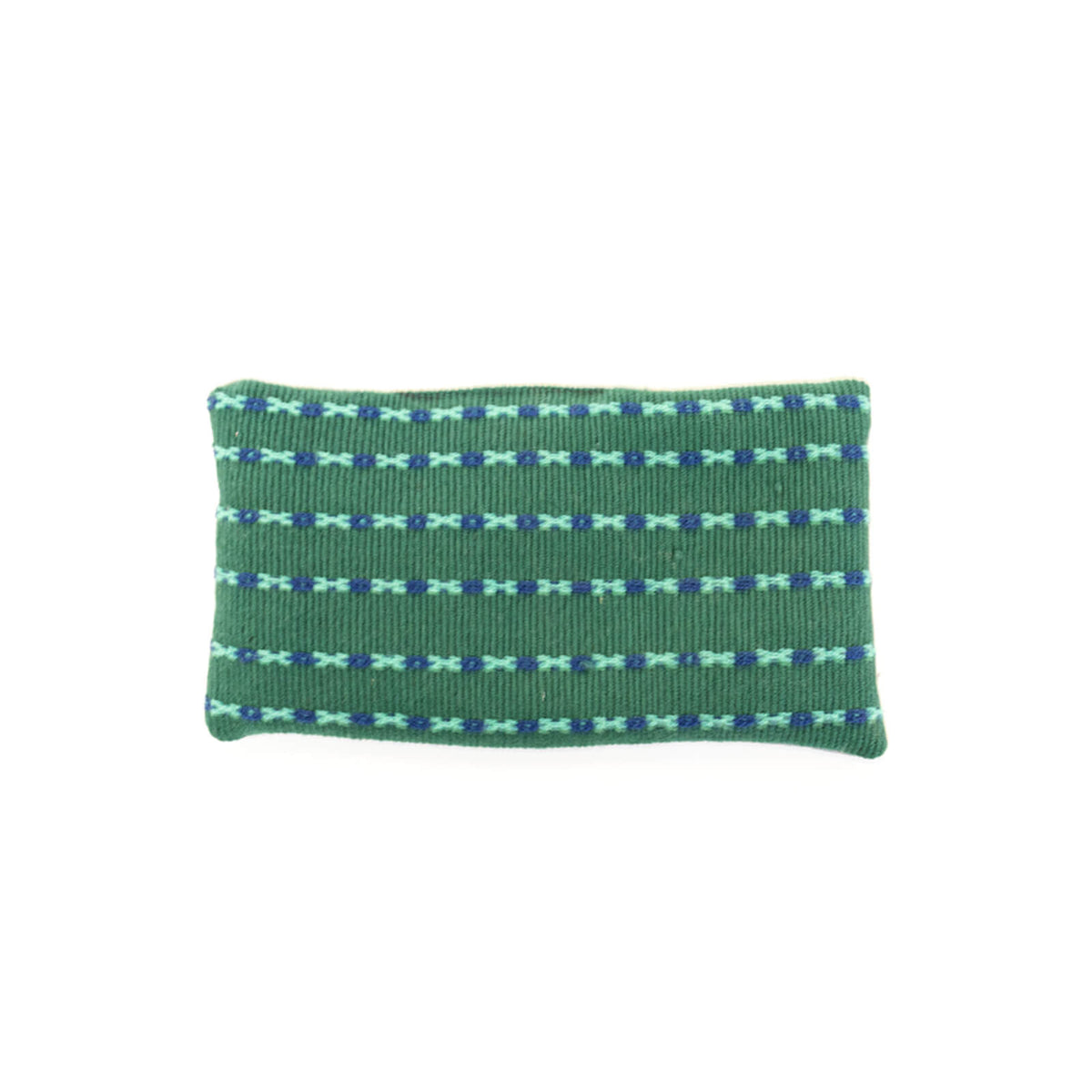Green knitted eye pillow with blue and white pattern on a white background