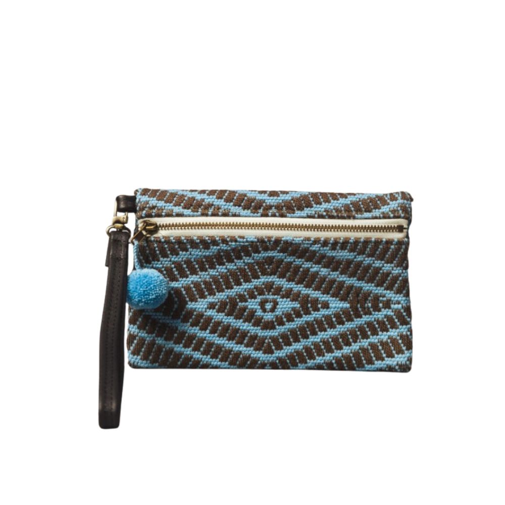 Woven wristlet bag with blue and brown stitched detailing. 