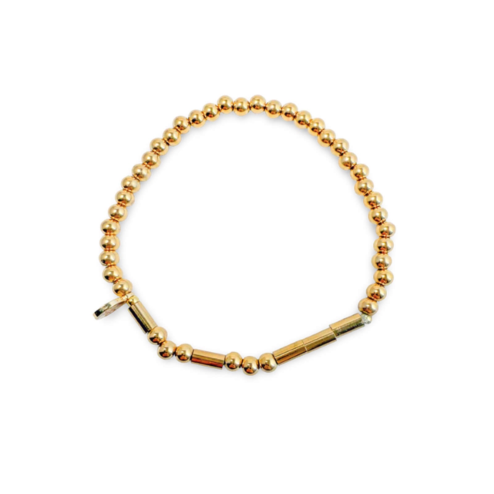 Gold beaded bracelet on a white background