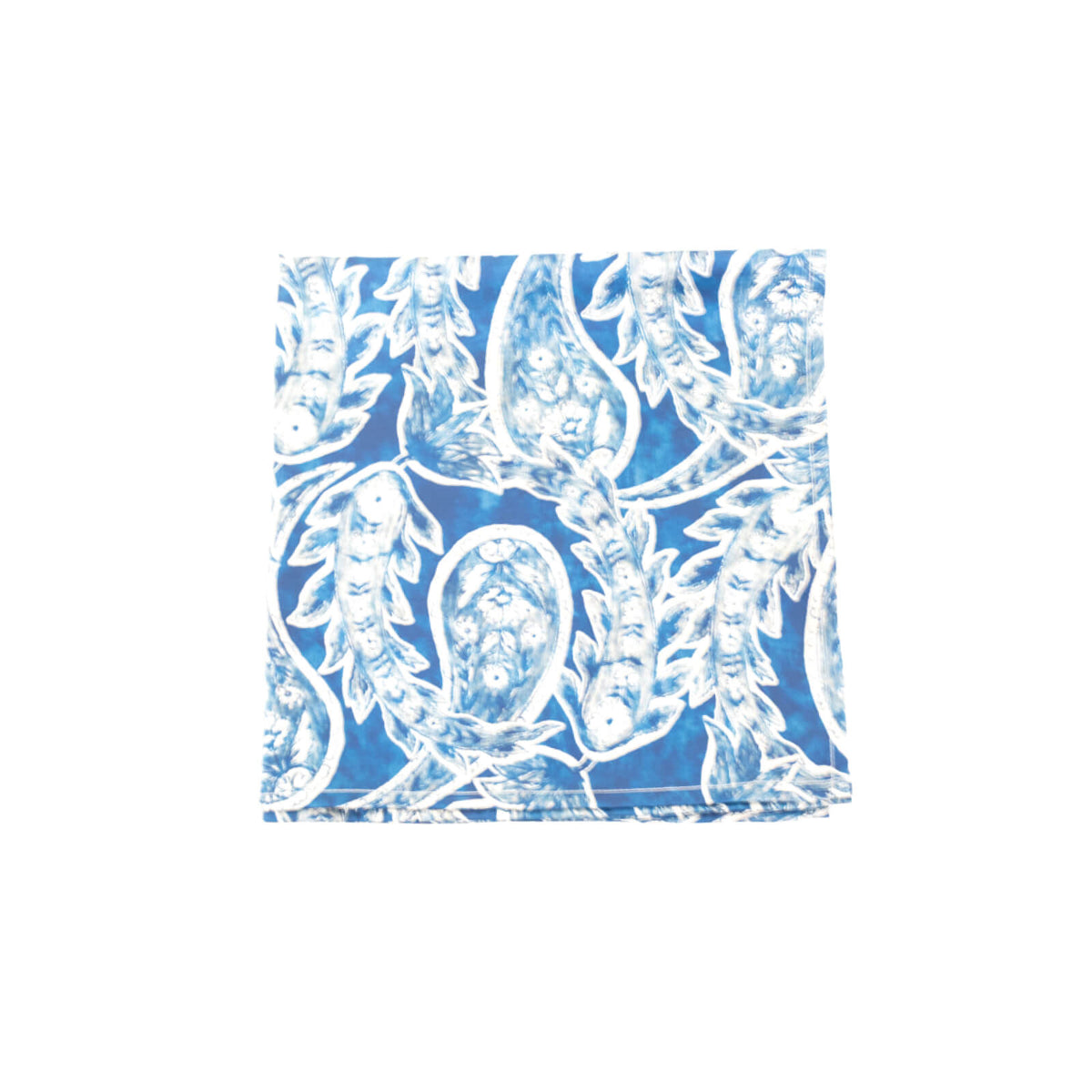 Blue paisley scarf with white floral pattern on a white background