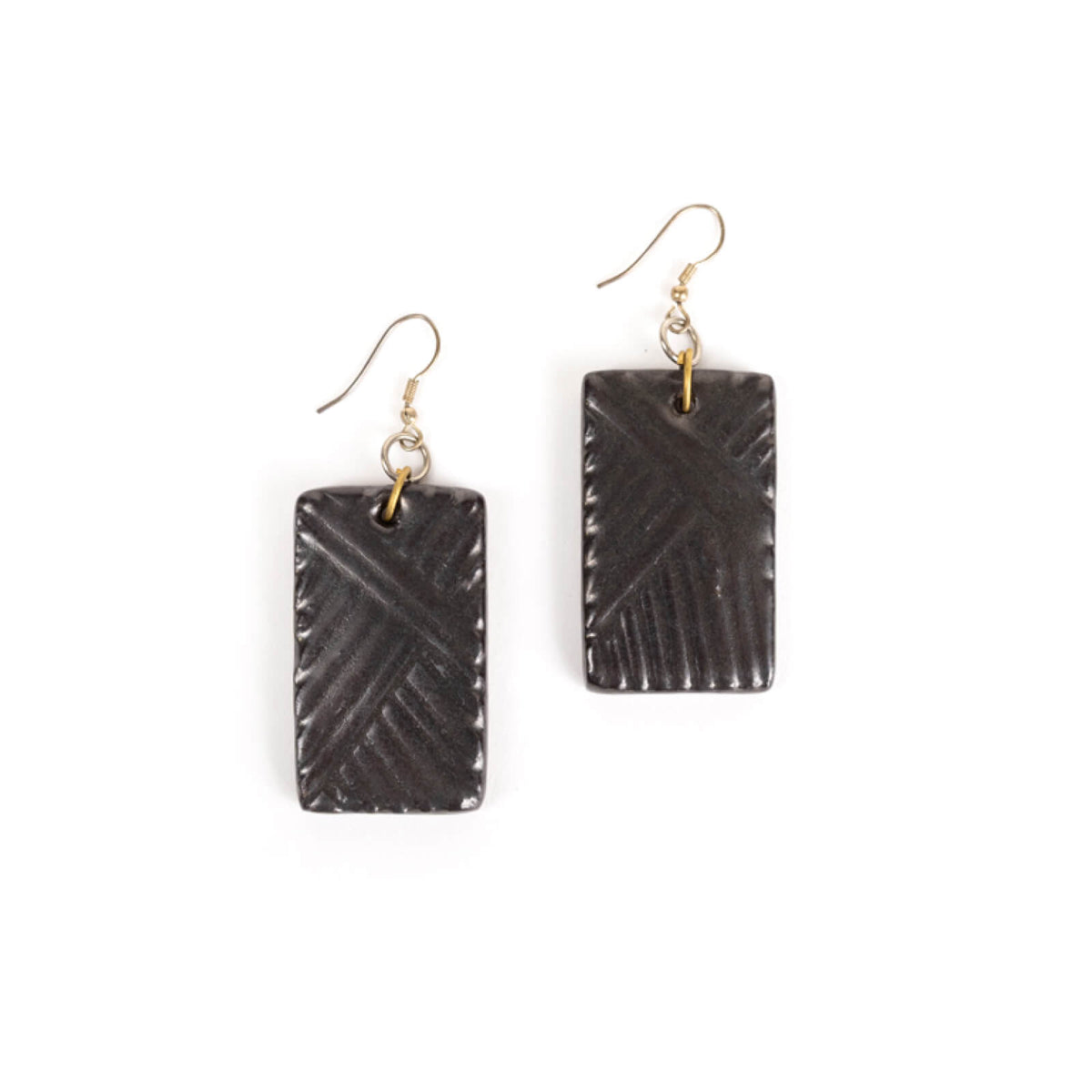 Pair of black rectangular earrings with gold hooks on a white background