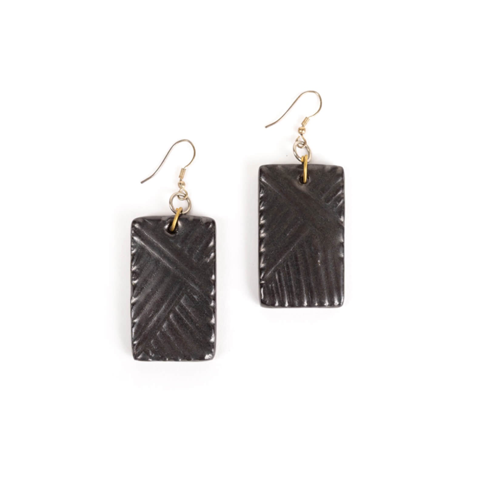 Pair of black rectangular earrings with gold hooks on a white background