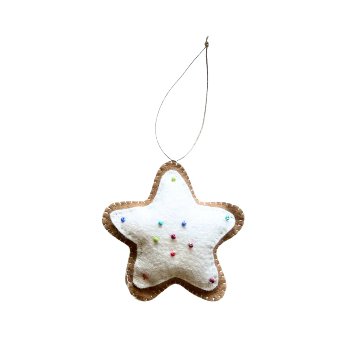 Star-shaped felt ornament with colorful beads on a white background