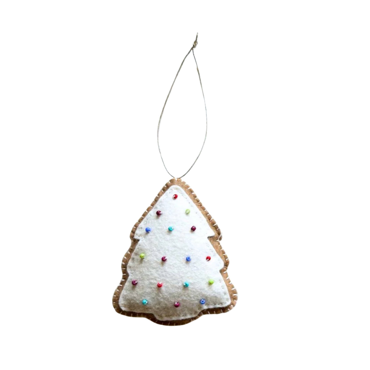Felt Christmas tree ornament with colorful beads on a white background