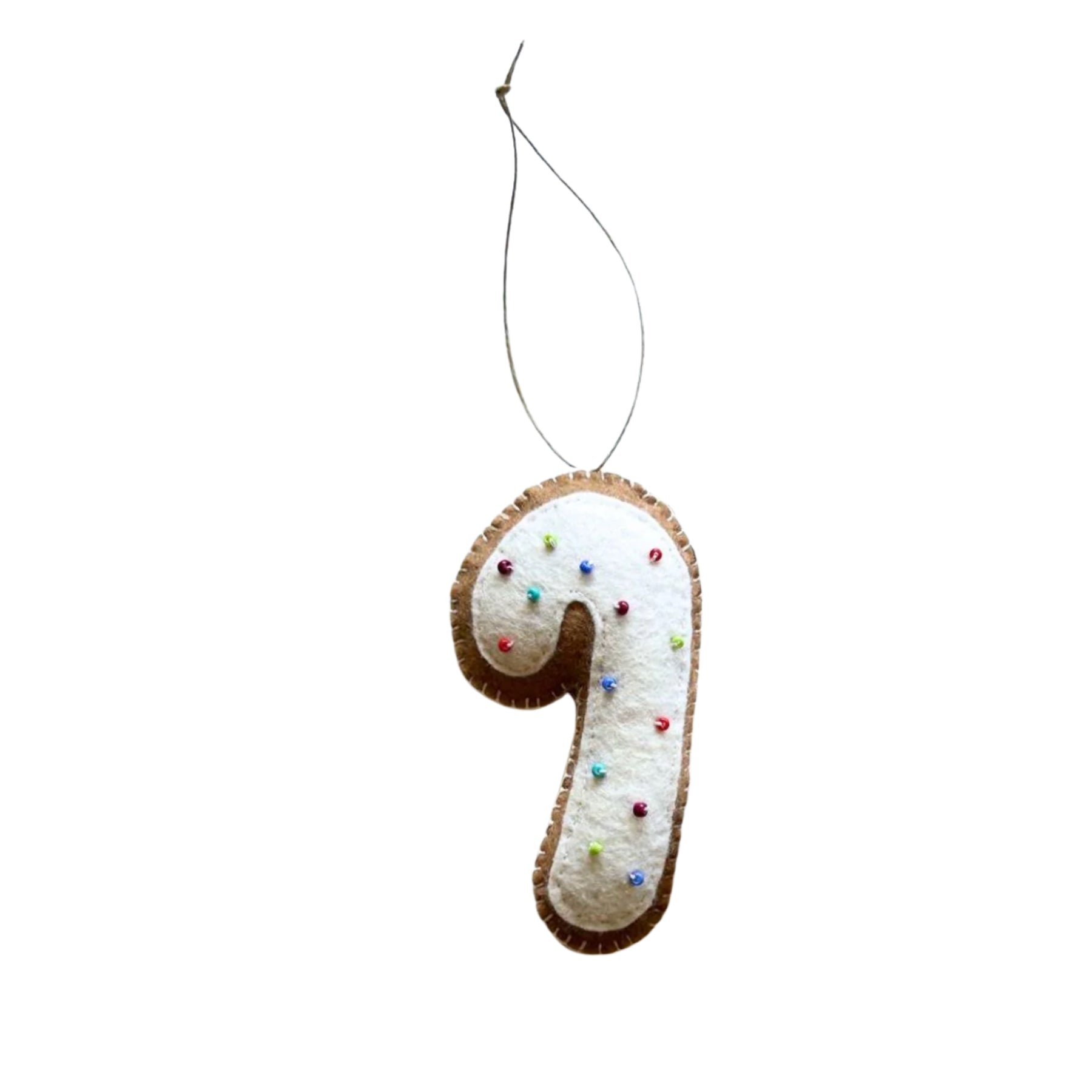 Decorative candy cane ornament with colorful buttons on a white background