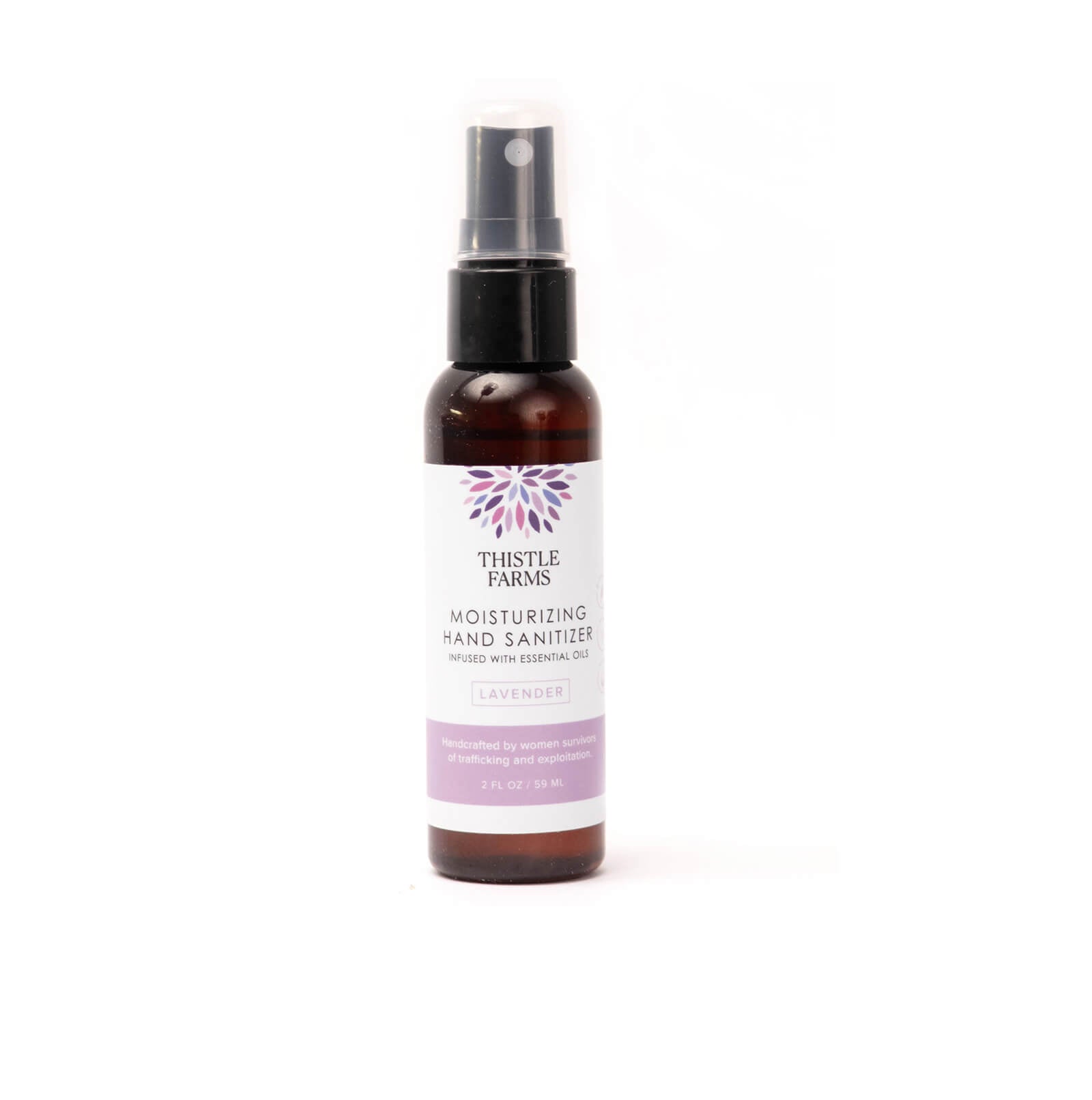 Thistle Farms moisturizing lavender hand sanitizer bottle, shown on a white background.