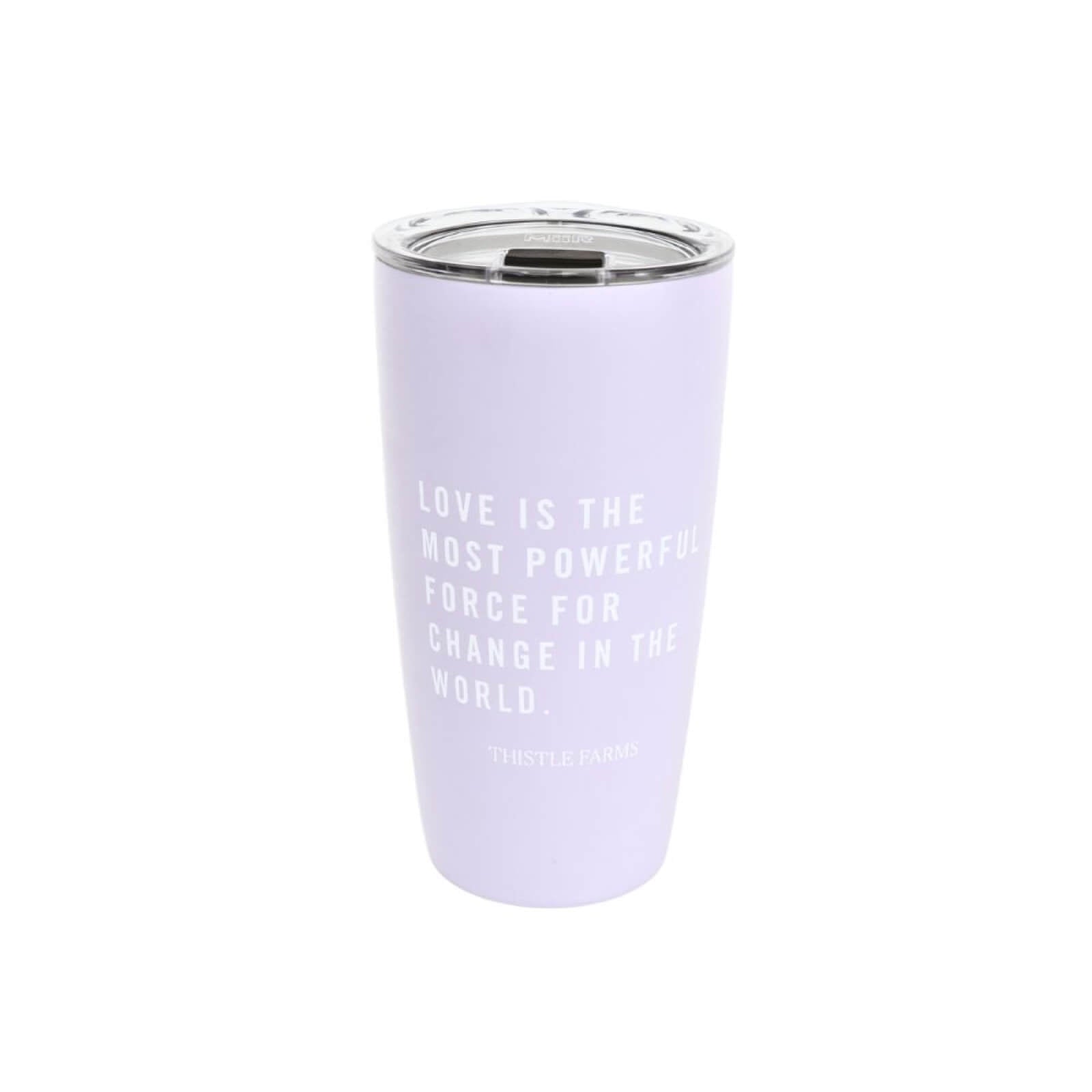 Lavender tumbler with motivational quote on a white background