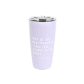 Lavender tumbler with motivational quote on a white background