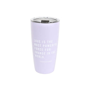 Lavender tumbler with motivational quote on a white background