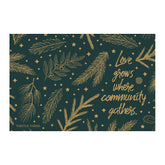 Decorative card with gold foliage and inspirational quote on a dark green background