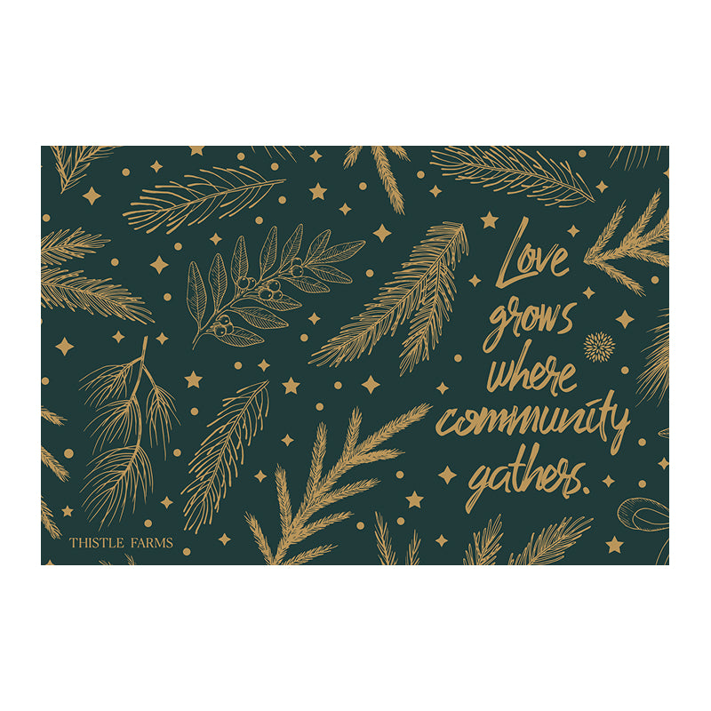 Decorative card with gold foliage and inspirational quote on a dark green background
