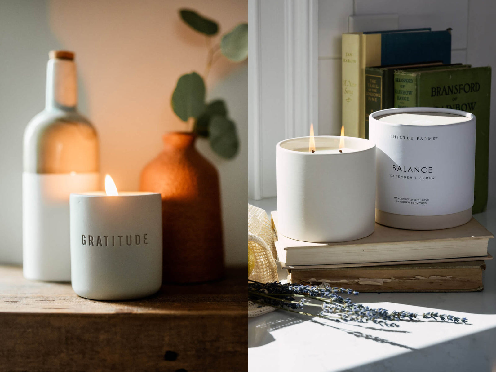 Two scenes of candles and decorative items: one with a candle labeled 'Gratitude' and another with books and a candle labeled 'Balance'.