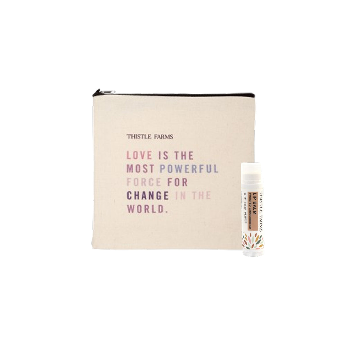 Beige pouch with motivational quote and lip balm on a white background