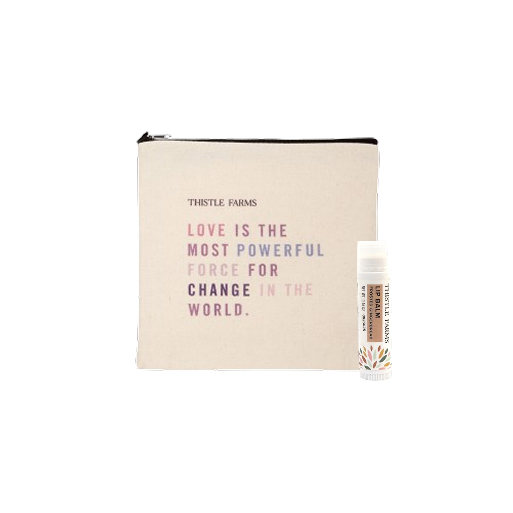 Beige pouch with motivational quote and lip balm on a white background