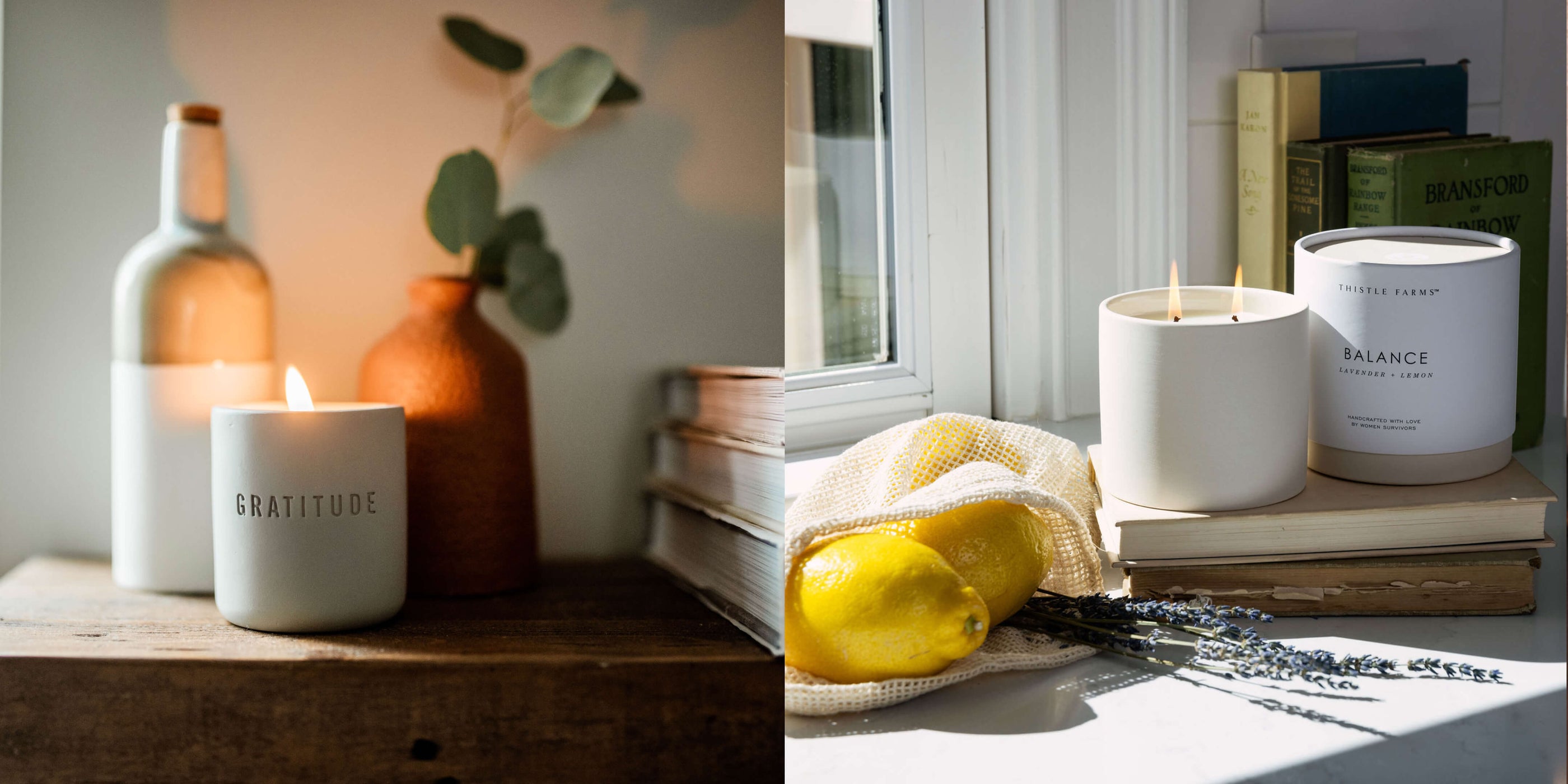 Two scenes of candles with text on them, one on a shelf with books and lemons, the other on a wooden surface.
