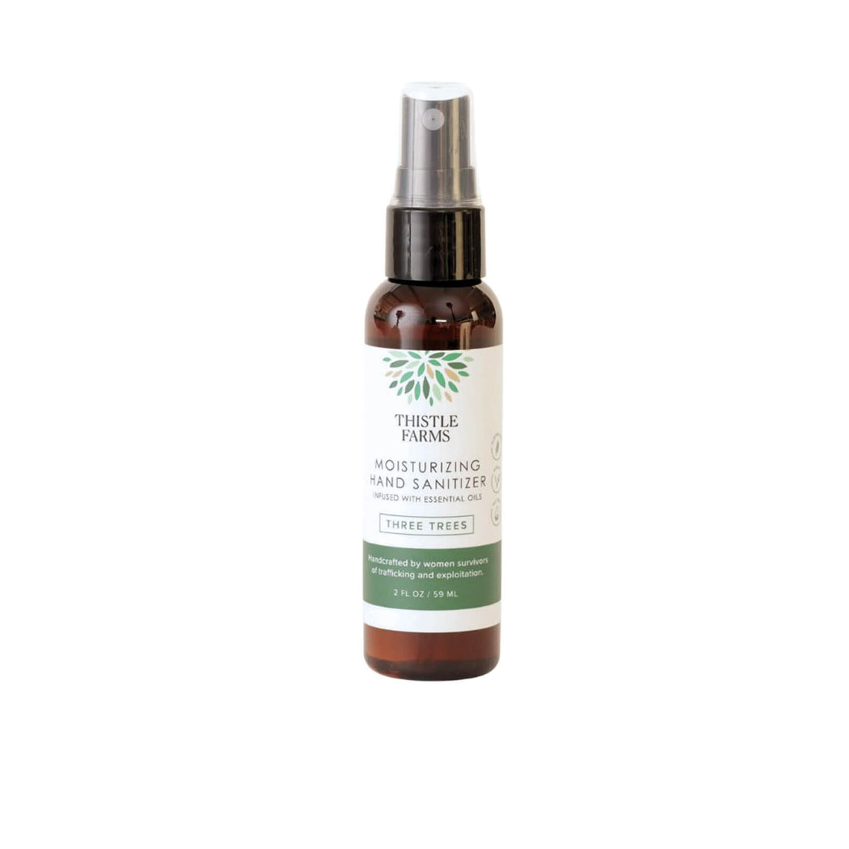 Thistle Farms moisturizing hand sanitizer bottle on a white background