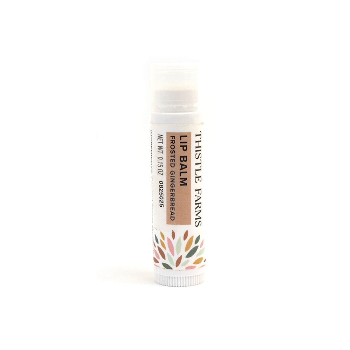 Lip balm with a white container and colorful label on a white background