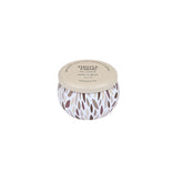 A round scented soy candle in a white container with a brown and gray leaf pattern, featuring a beige lid printed with 'THISTLE FARNES' and 'SOY CANDLE' on a plain white background.